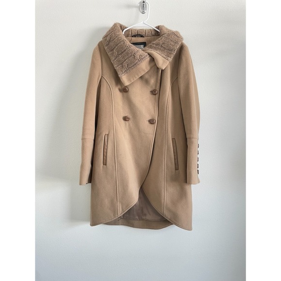 Mackage Fran Coat Women L Tan Wool Cashmere Cable Knit Collar Capsule Quiet Luxe